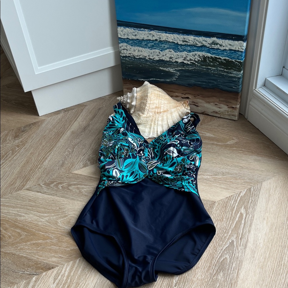 Beautiful Vintage Tropical Blue One Piece Swimsuit.